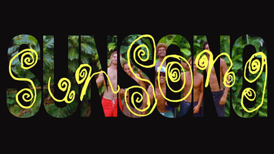 A graphic design featuring the words 'SUN' and 'SONG' in large yellow letters with spiral cutouts, filled with photos of people outdoors against a black background.