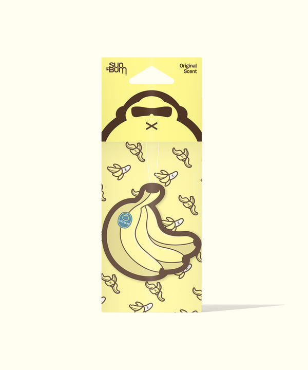 Sun Bum lip balm packaging with banana design on a yellow background