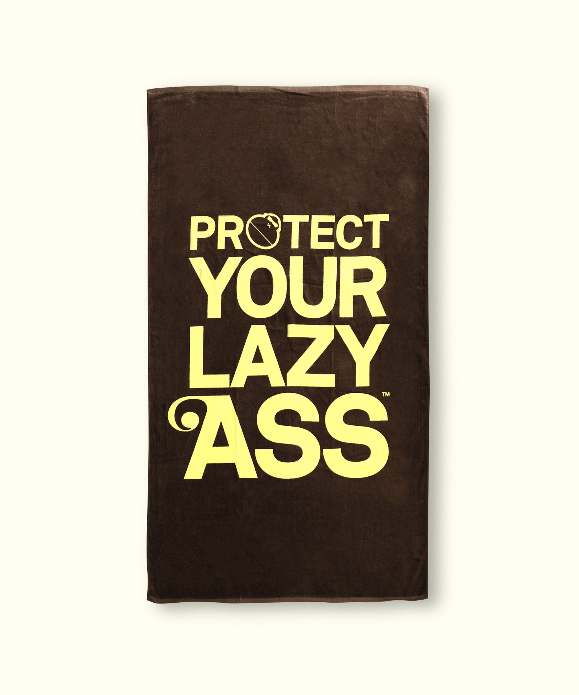 Brown towel with yellow text 'PROTECT YOUR LAZY ASS' on a white background