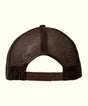 Back view of the original brown trucker style cap, featuring a mesh design and adjustable strap, Sun Bum.