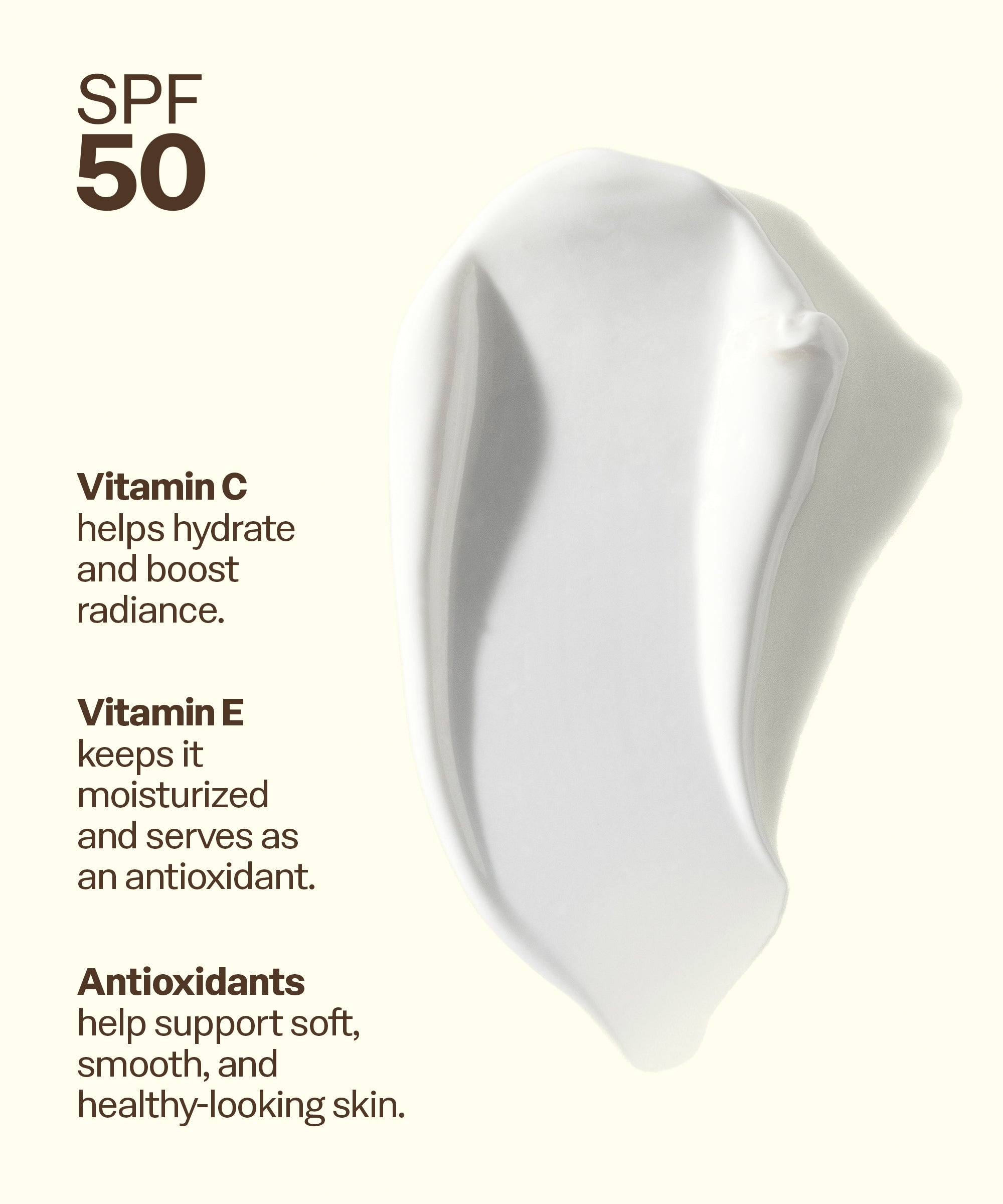 White skincare product swatch with text about SPF 50, Vitamin C, Vitamin E, and antioxidants on a white background.