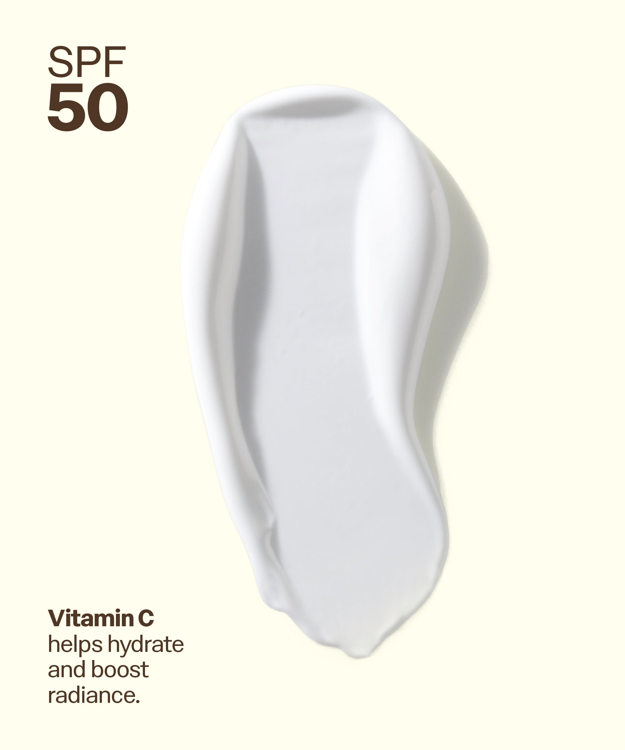 White cosmetic product swatch with SPF 50 text and vitamin C benefits on a light background