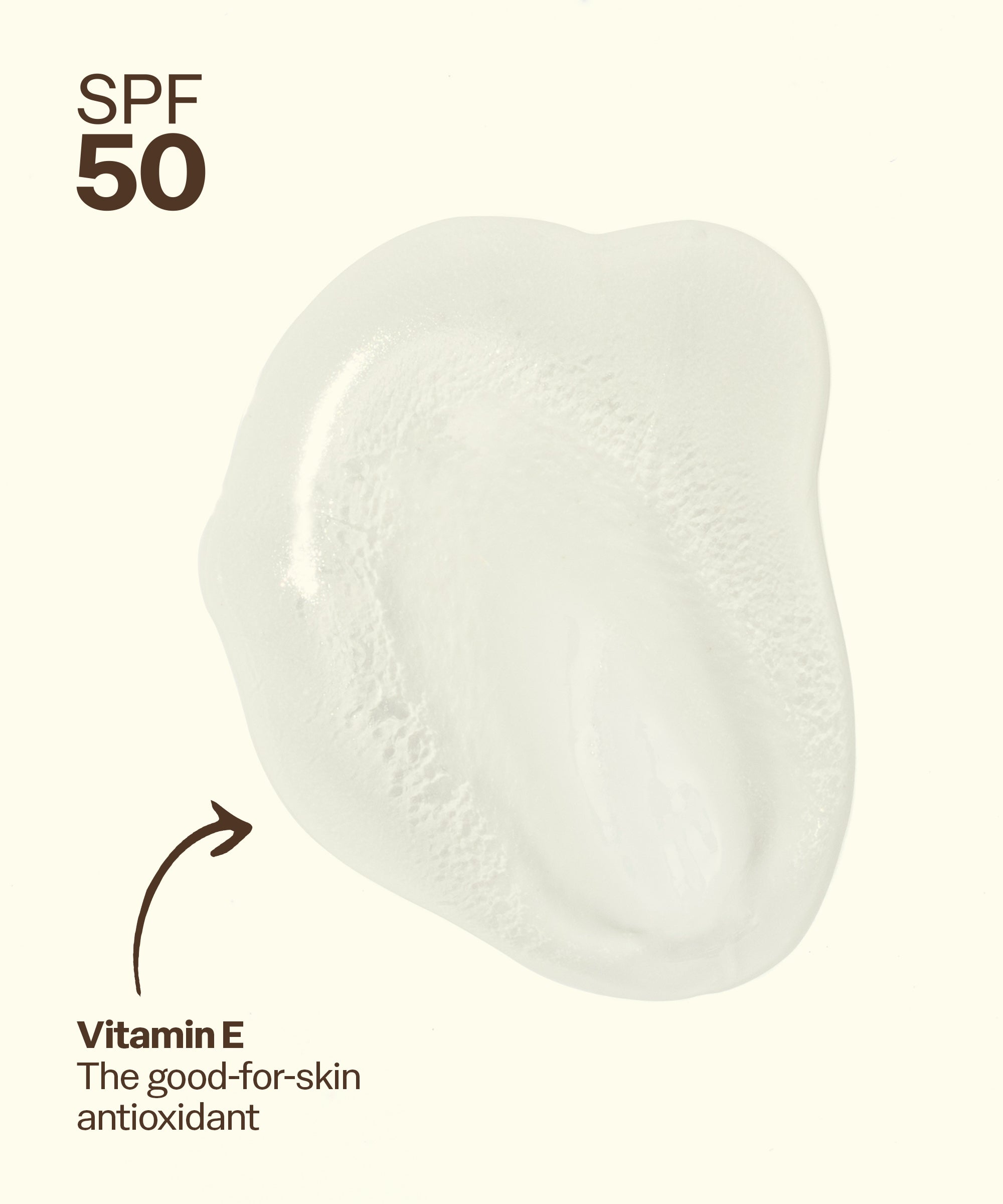 White sunscreen gel with SPF 50 and vitamin E text on a white background