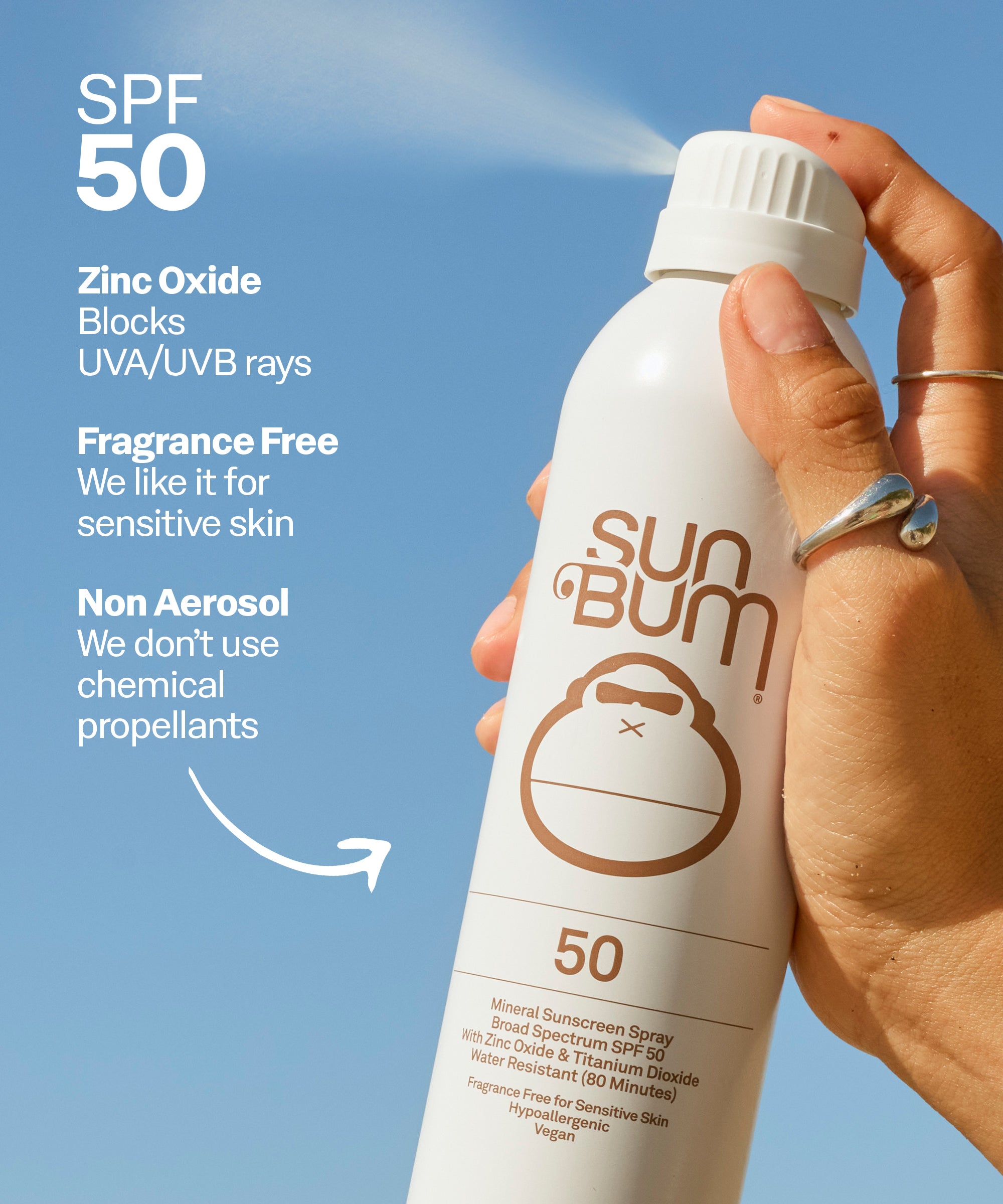 Sun Bum sunscreen spray bottle held by a hand with a blue sky background