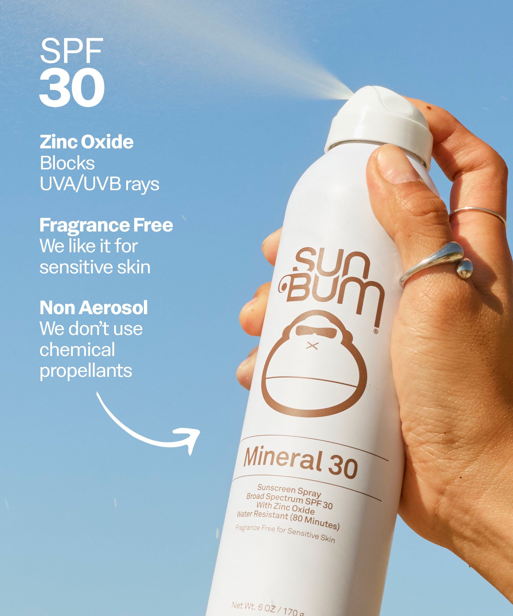 Hand holding a Sun Bum Mineral 30 sunscreen spray bottle with product details on a blue background