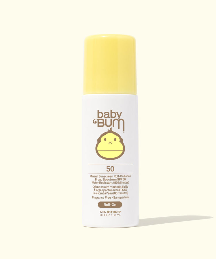 Baby Bum sunscreen roll-on bottle with yellow cap on a white background