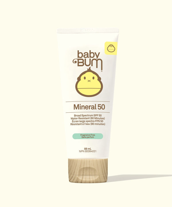 Baby Bum Mineral 50 sunscreen tube on a white background