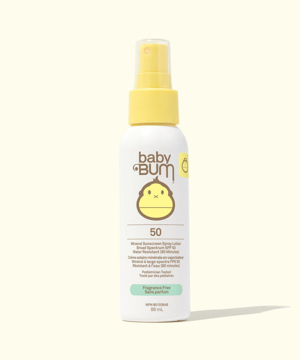 Baby Bum sunscreen spray bottle on a white background