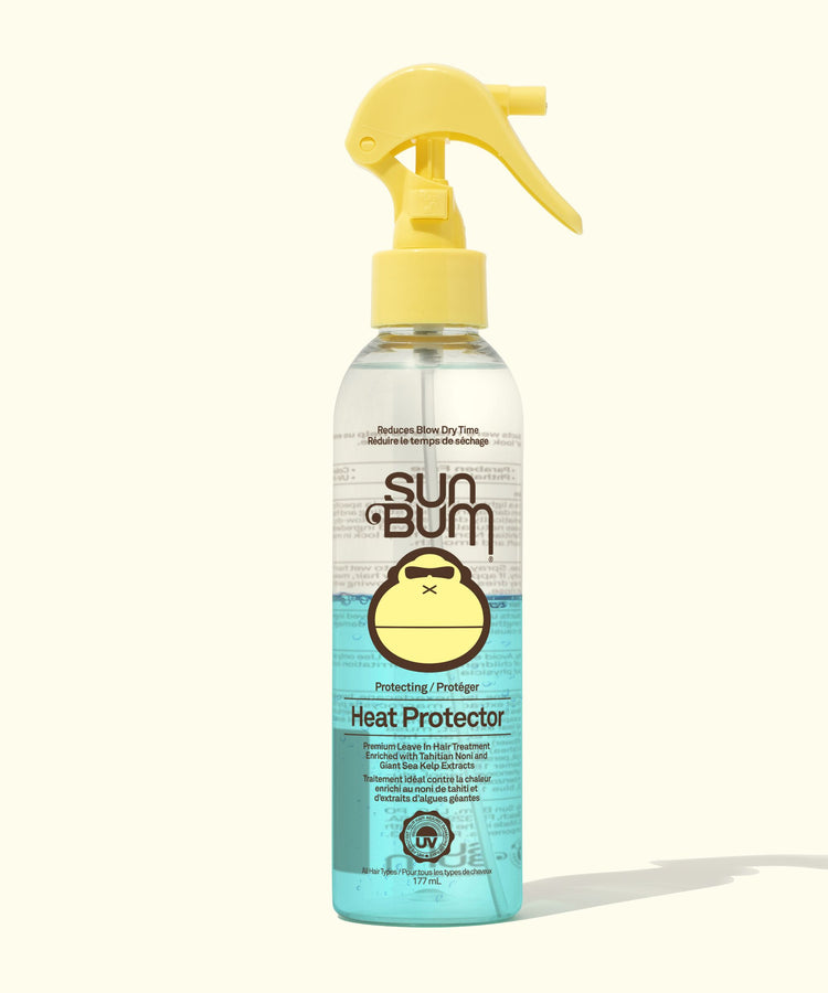 Sun Bum Heat Protector spray bottle on a white background
