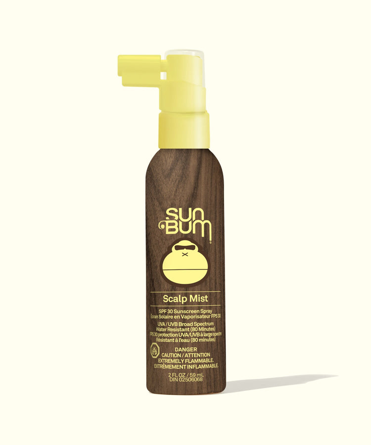 Sun Bum Scalp Mist bottle with yellow cap on a white background