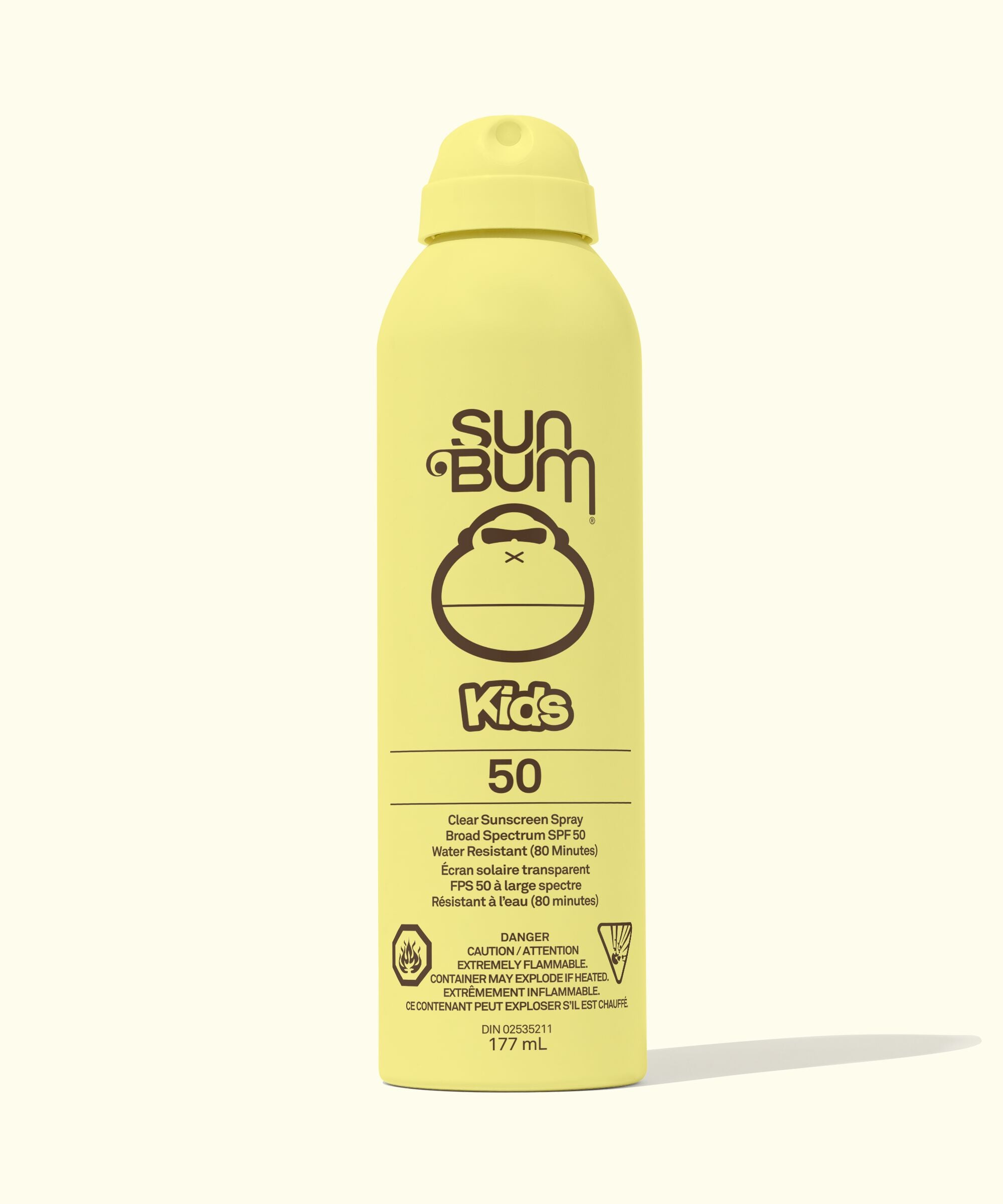 Sun Bum Kids sunscreen spray bottle on a white background