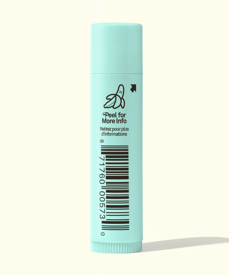 Light blue lip balm with a barcode on a white background