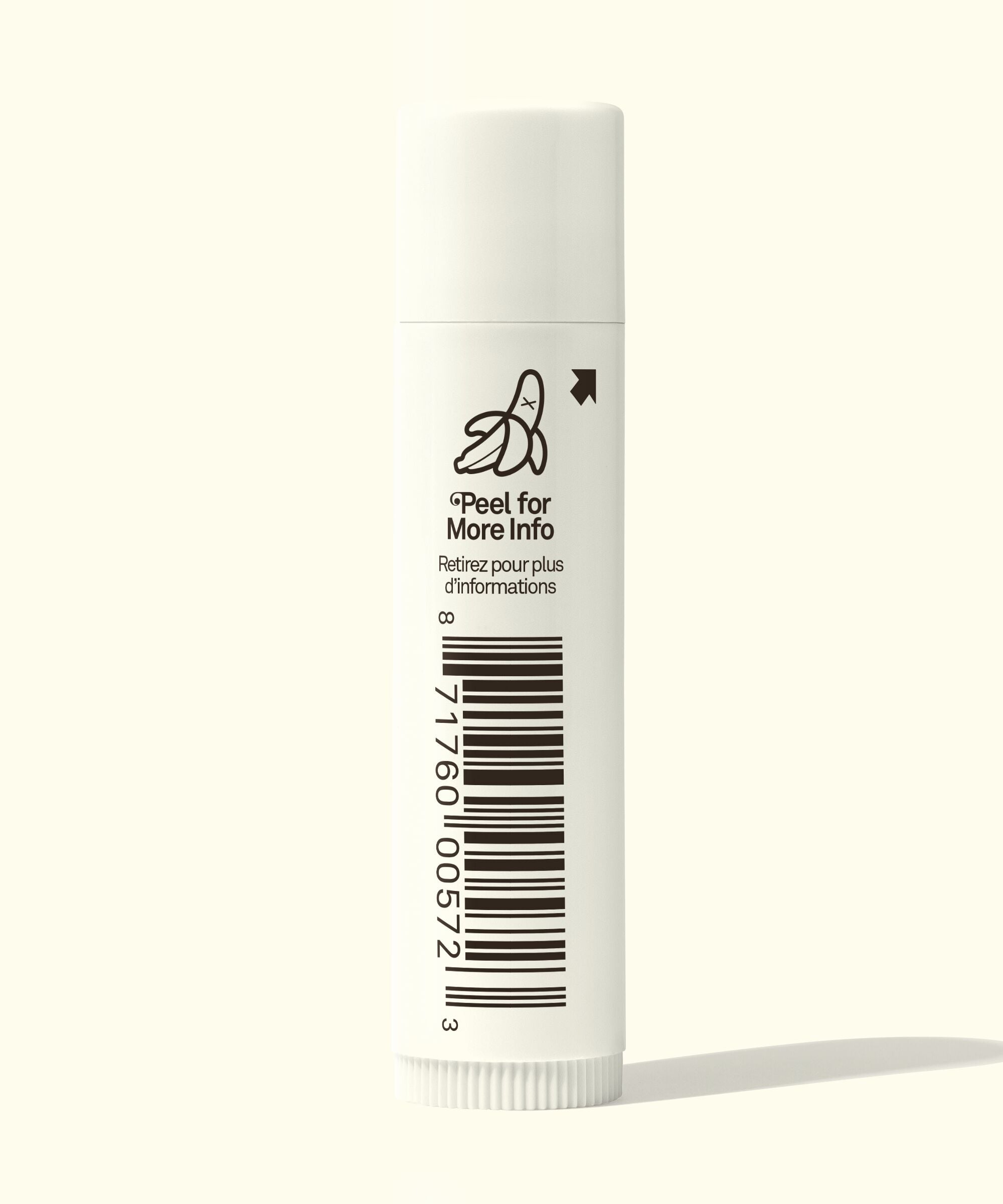 White tube with barcode and text on a white background