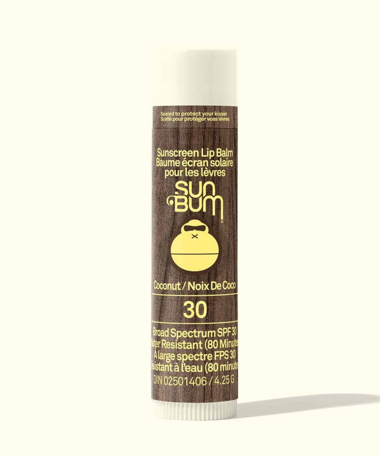 Sun Bum sunscreen lip balm with coconut flavor on a white background