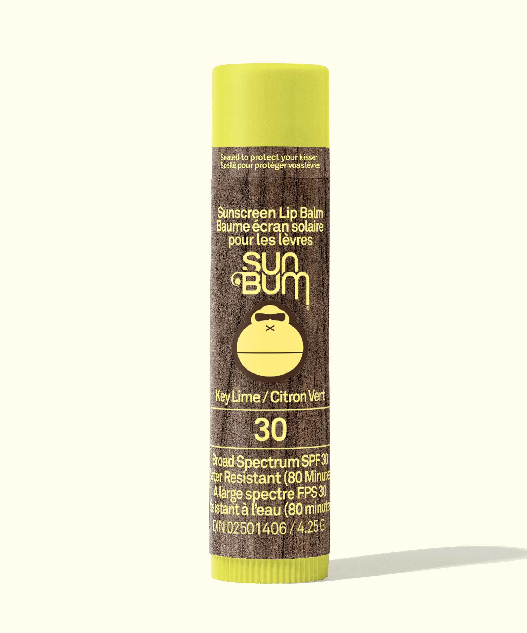 Sun Bum sunscreen lip balm in key lime flavor on a white background