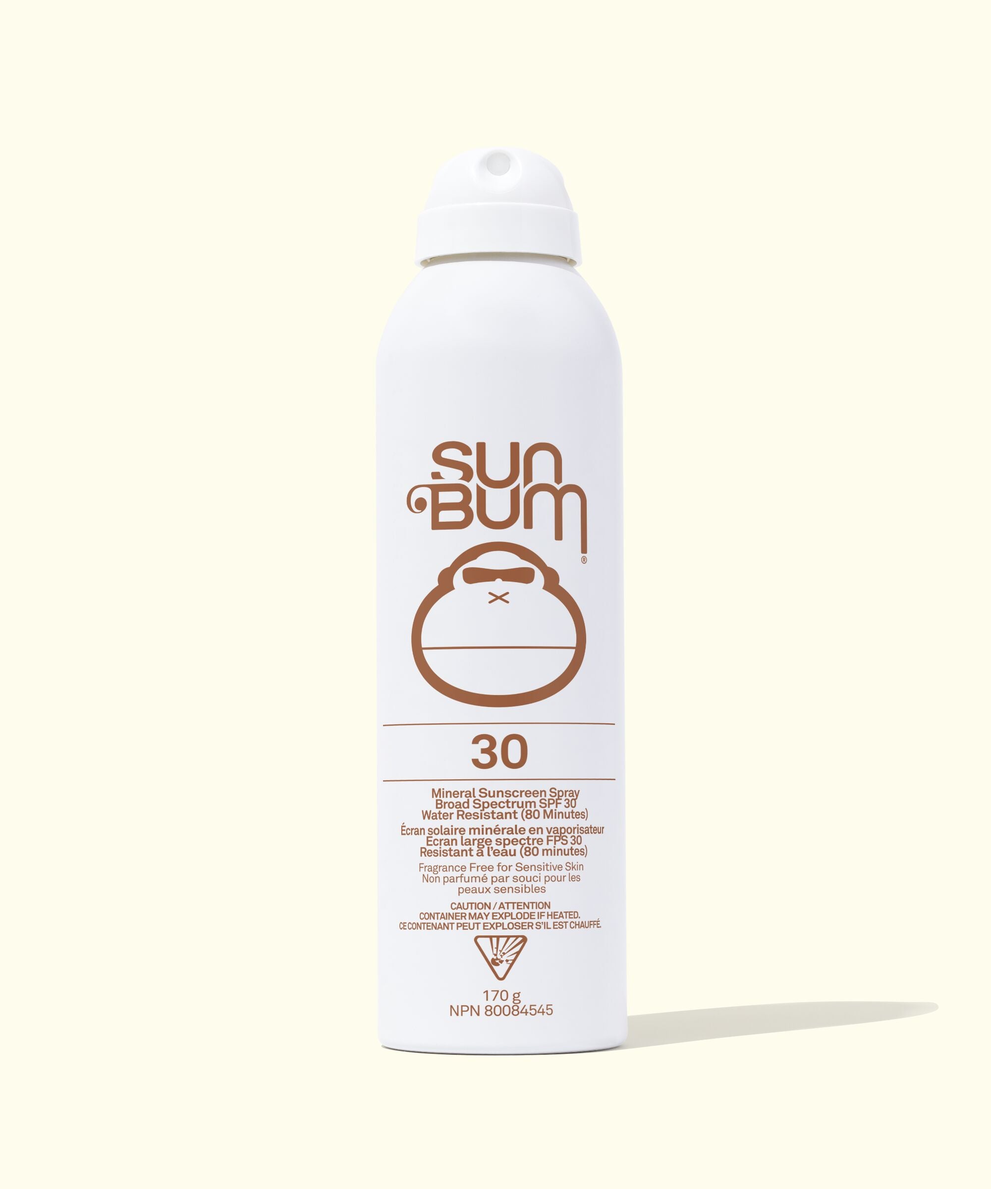 Sun Bum sunscreen spray bottle on a white background