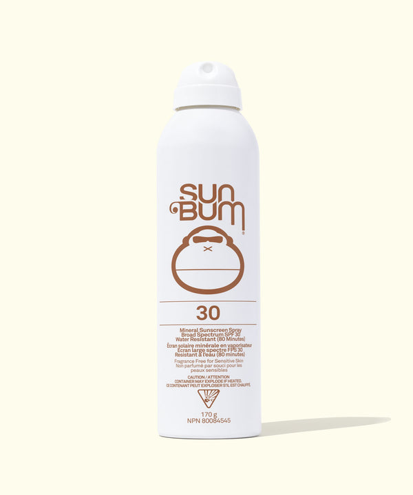 Sun Bum sunscreen spray bottle on a white background