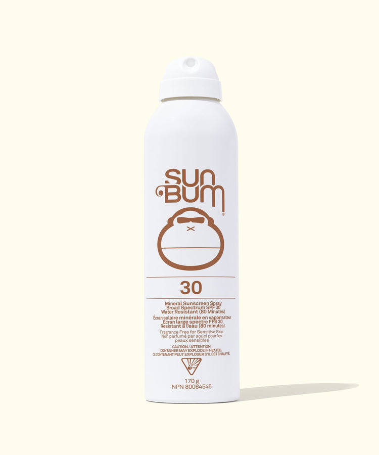 Sun Bum sunscreen spray bottle on a white background