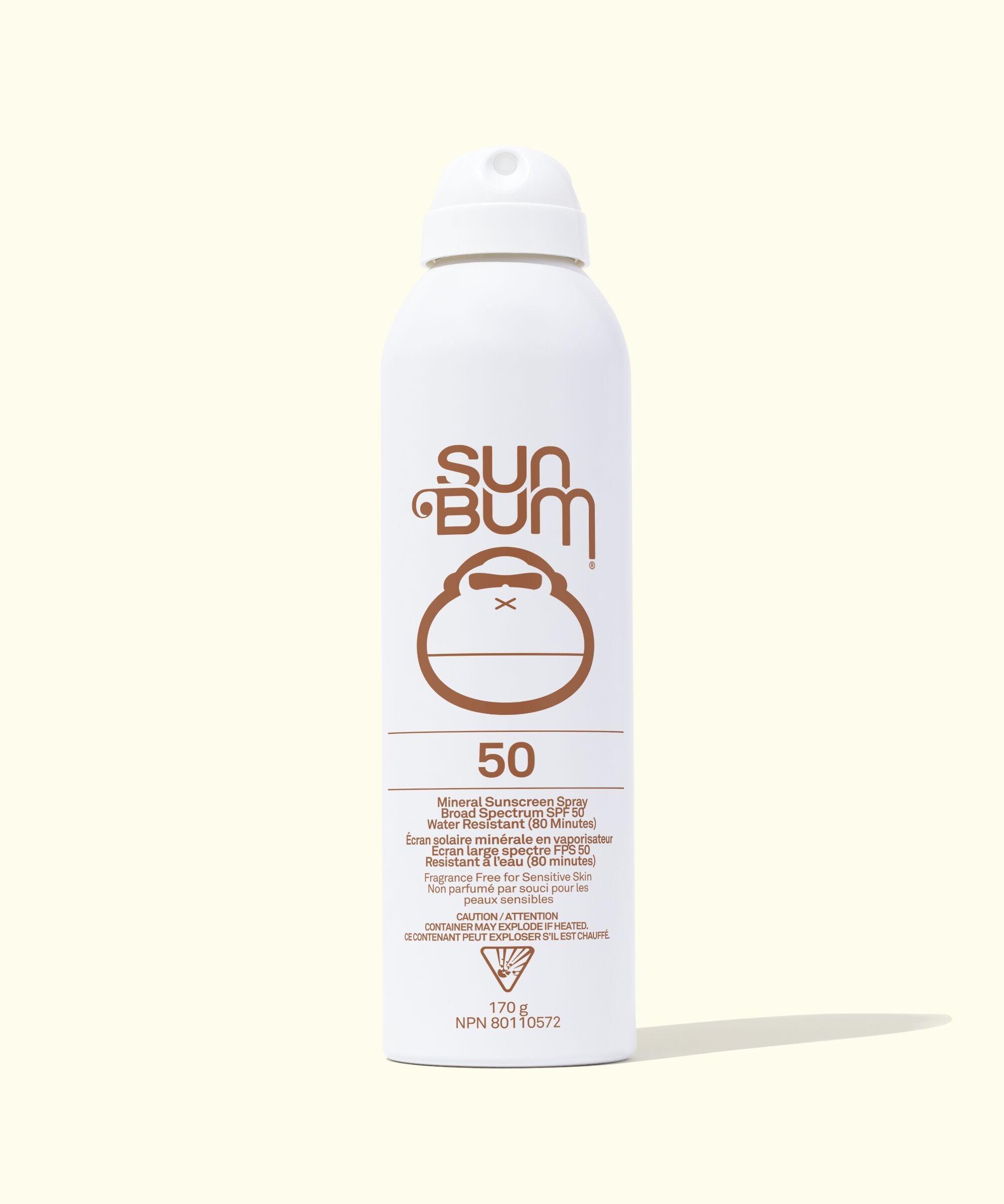 Sun Bum sunscreen spray bottle on a white background