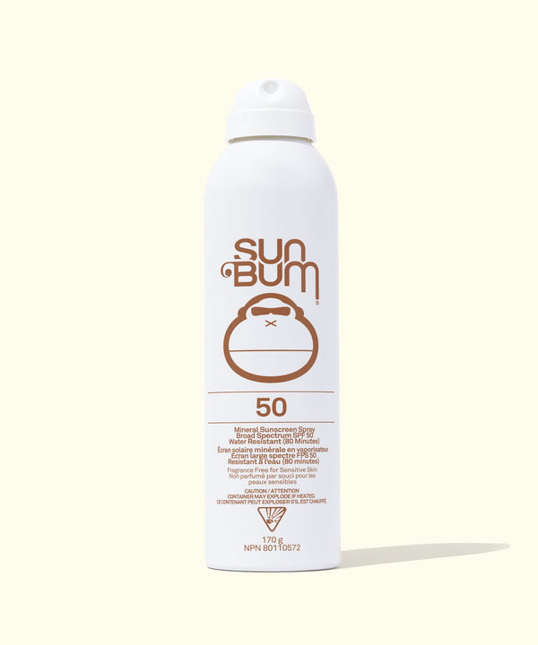 Sun Bum sunscreen spray bottle on a white background