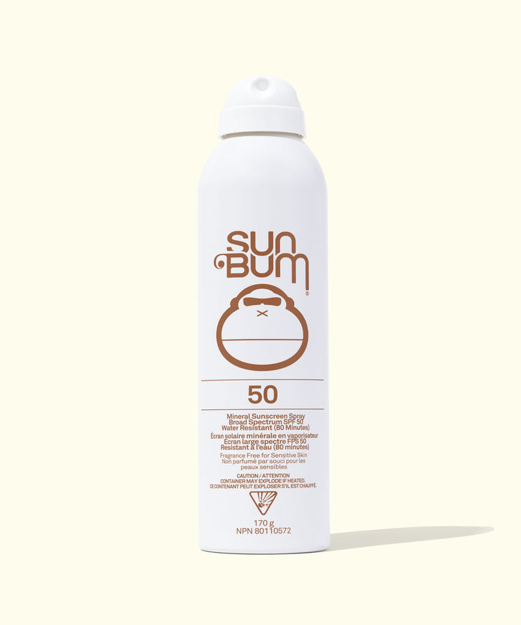 Sun Bum sunscreen spray bottle on a white background