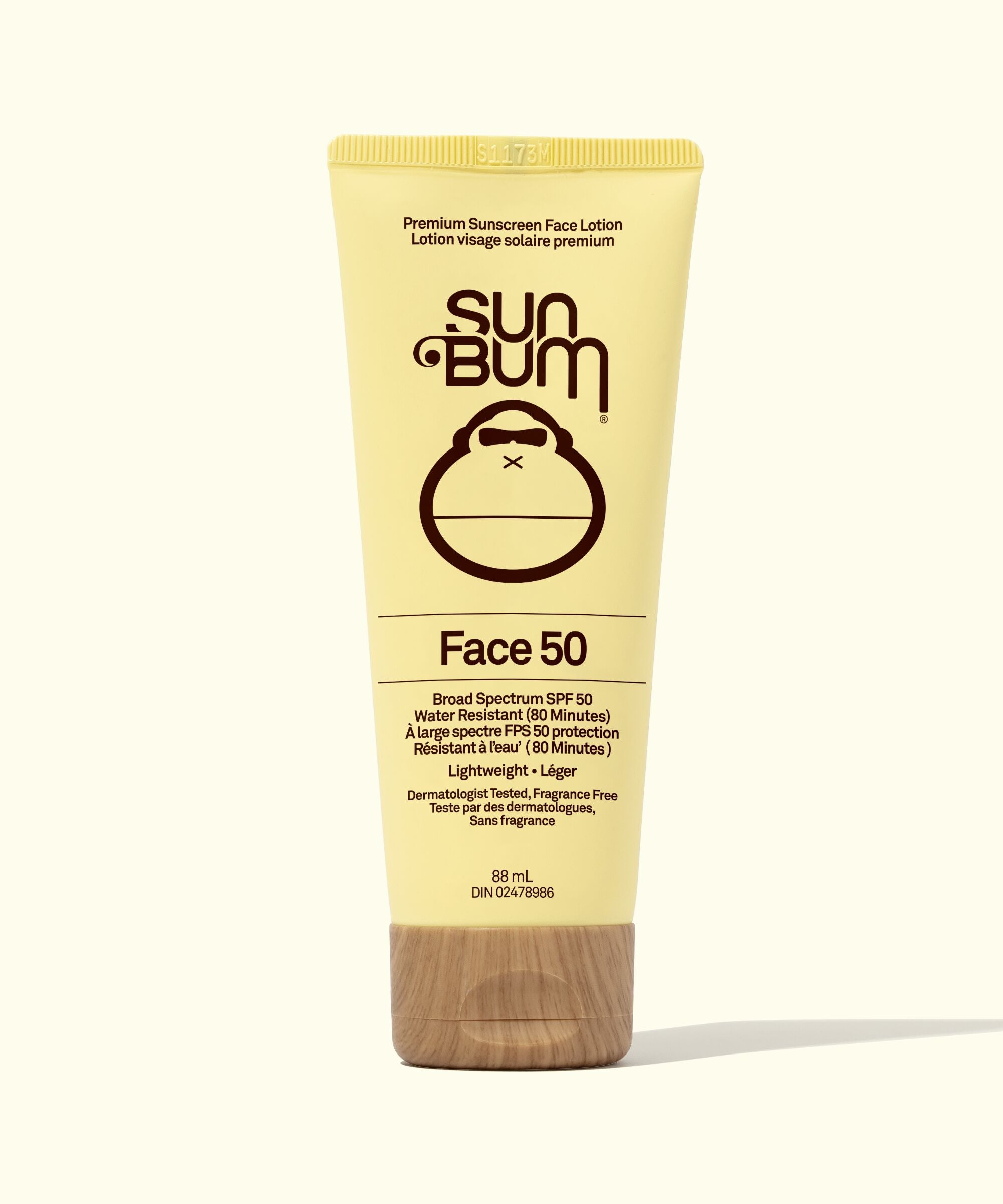 Sun Bum Face 50 sunscreen lotion tube on a white background
