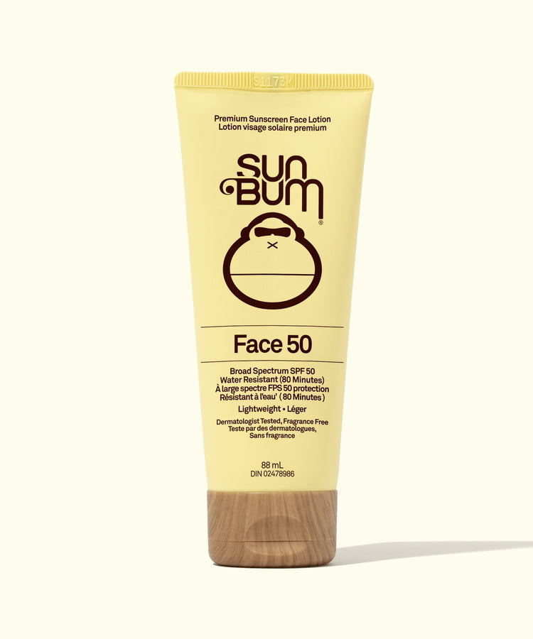 Sun Bum Face 50 sunscreen lotion tube on a white background