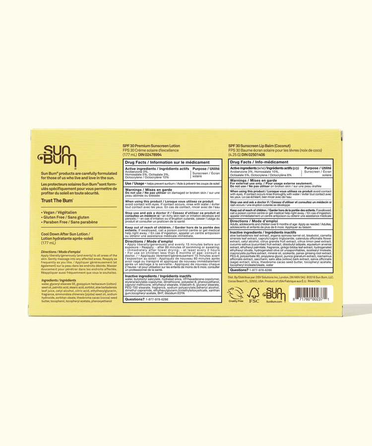 Sun Bum sunscreen lotion packaging with ingredients list on a white background