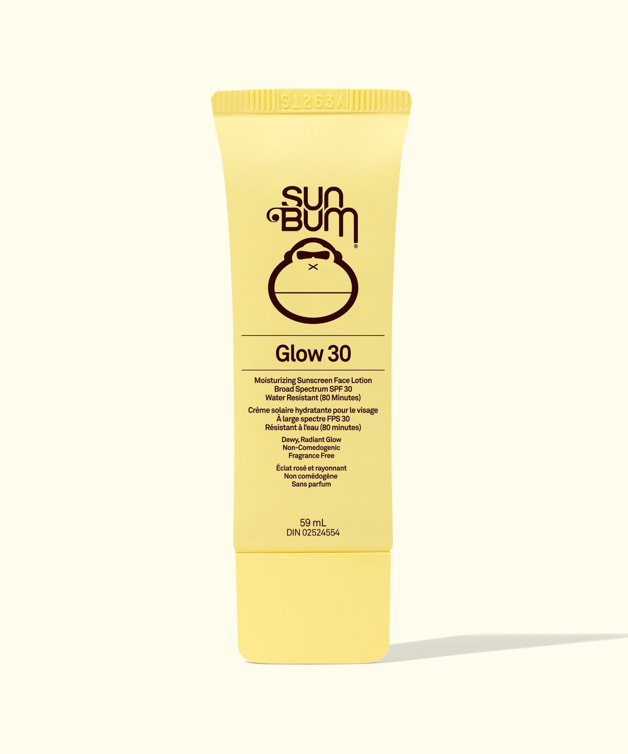 Sun Bum Glow 30 sunscreen tube on a white background