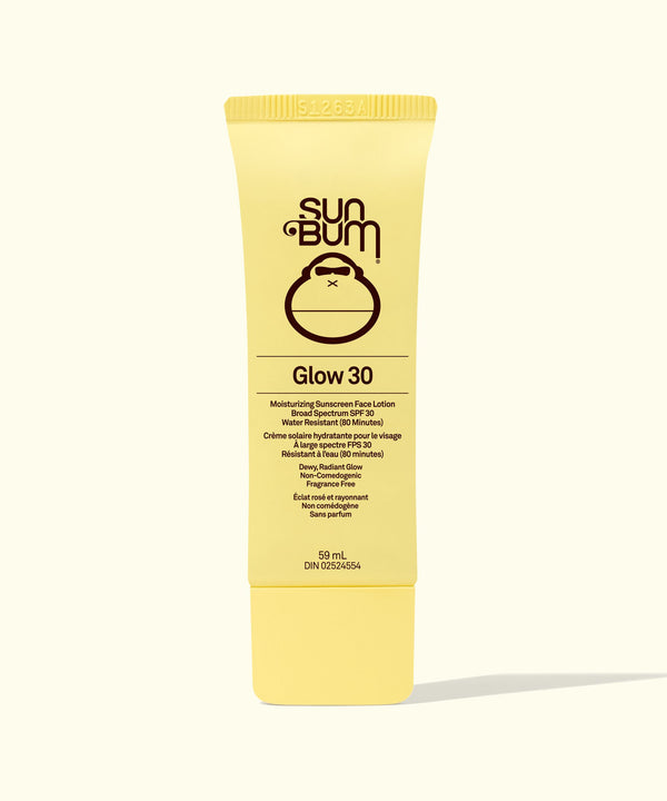Sun Bum Glow 30 sunscreen tube on a white background