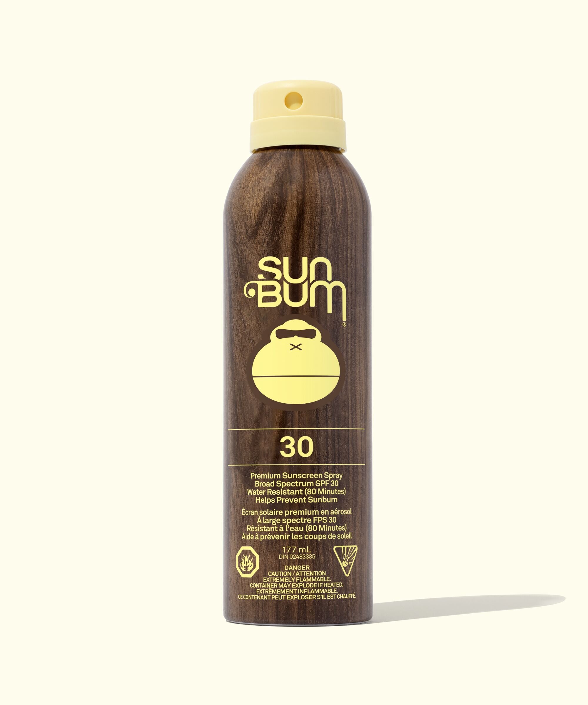 Sun Bum sunscreen spray bottle on a white background