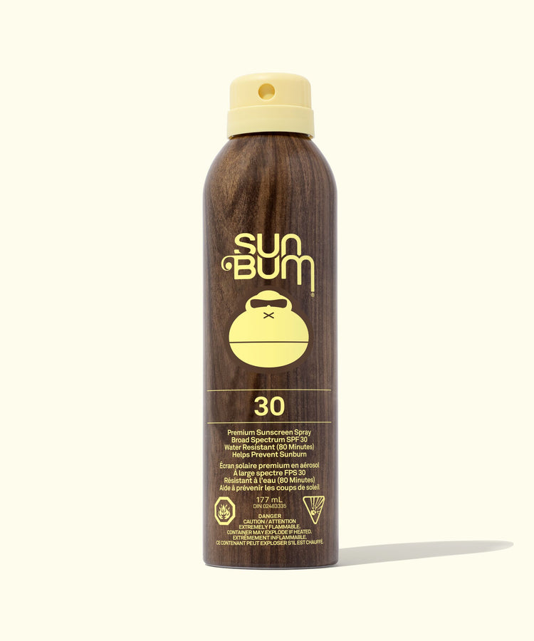 Sun Bum sunscreen spray bottle on a white background