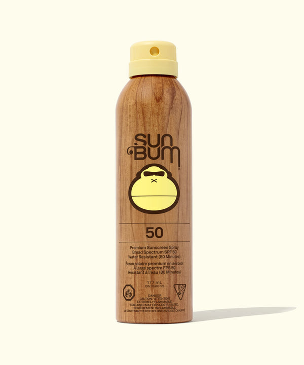 Sun Bum sunscreen spray bottle on a white background