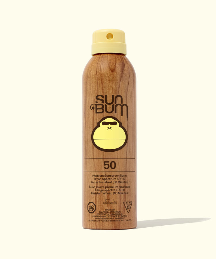 Sun Bum sunscreen spray bottle on a white background