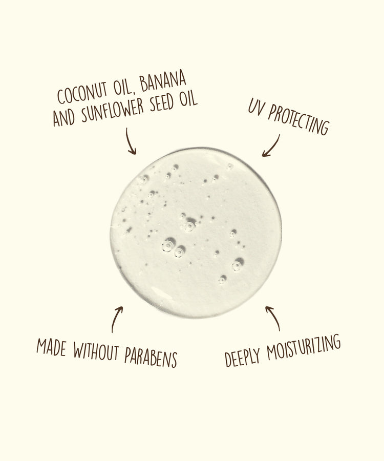 Illustration of a skincare product with text highlighting ingredients and benefits on a beige background
