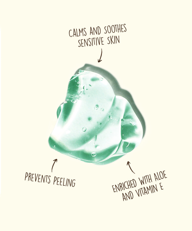 Green gel with text indicating its benefits on a beige background