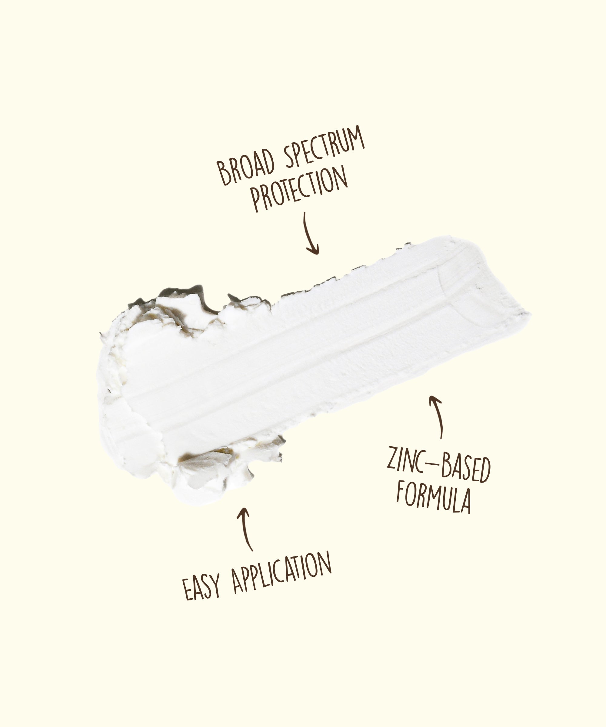 Sunscreen application with text highlighting broad spectrum protection, zinc-based formula, and easy application.