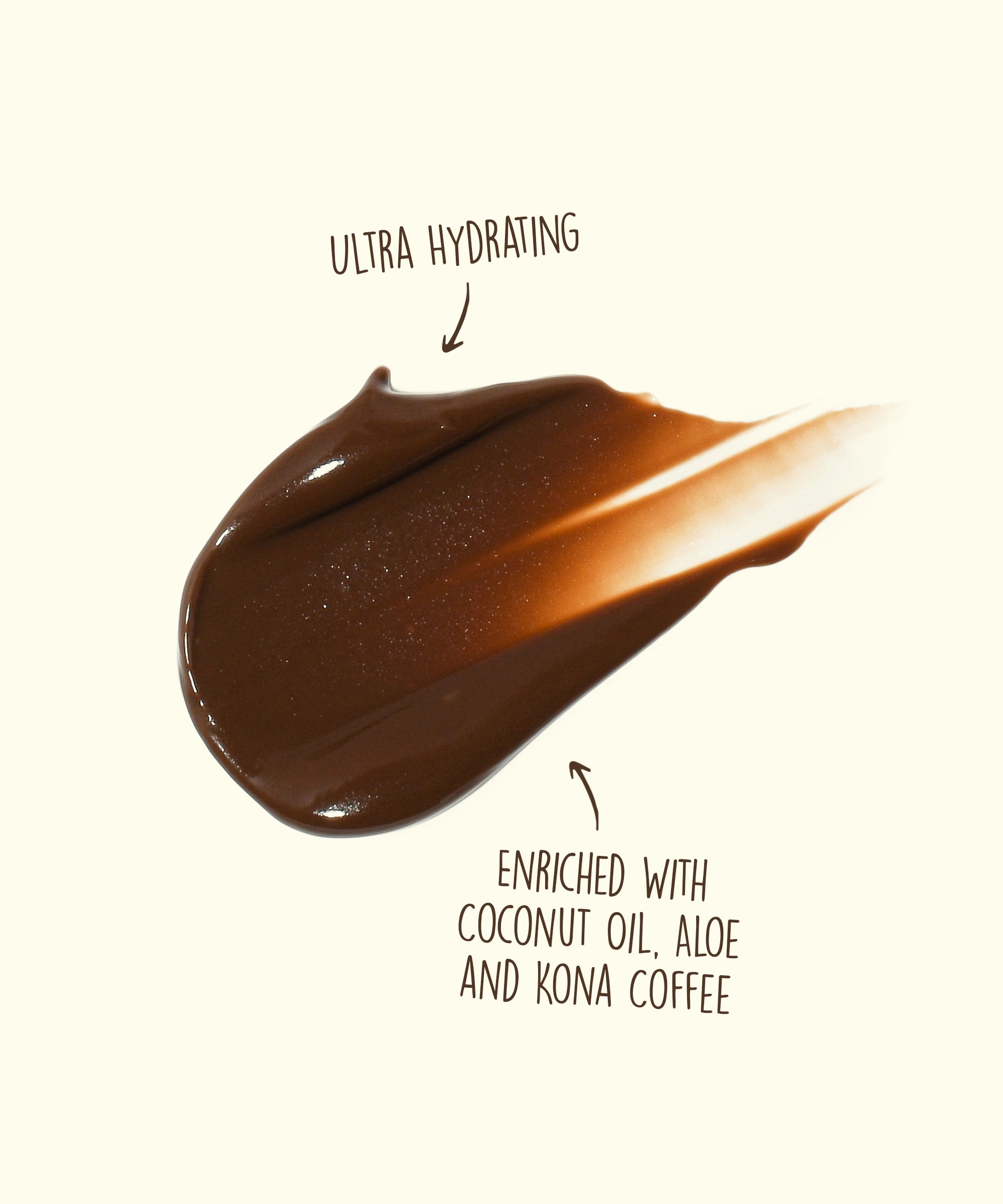 Close-up of a brown substance with text indicating it is ultra hydrating and enriched with coconut oil, aloe, and Kona coffee.