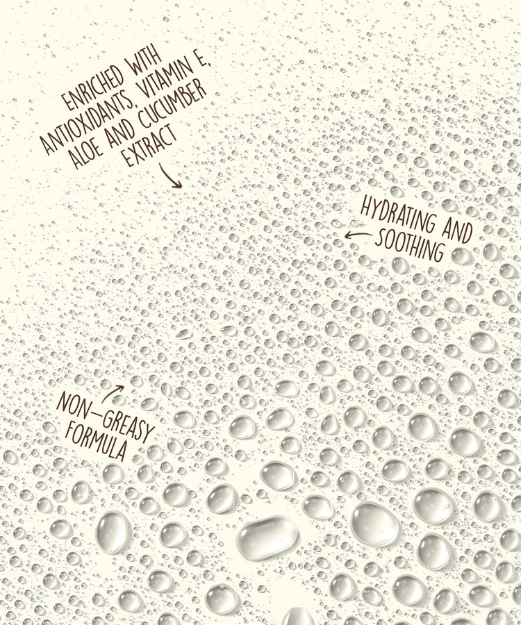 Text on a background with water droplets, describing product features.