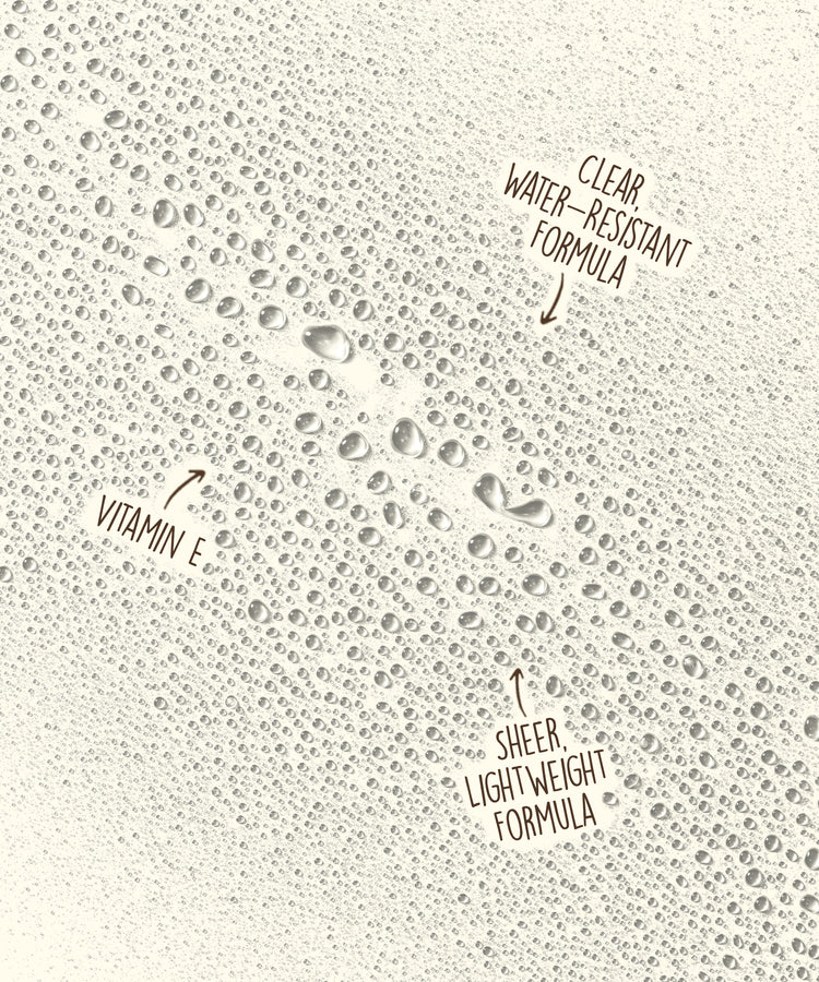Text on a textured background with droplet graphics, describing product features.