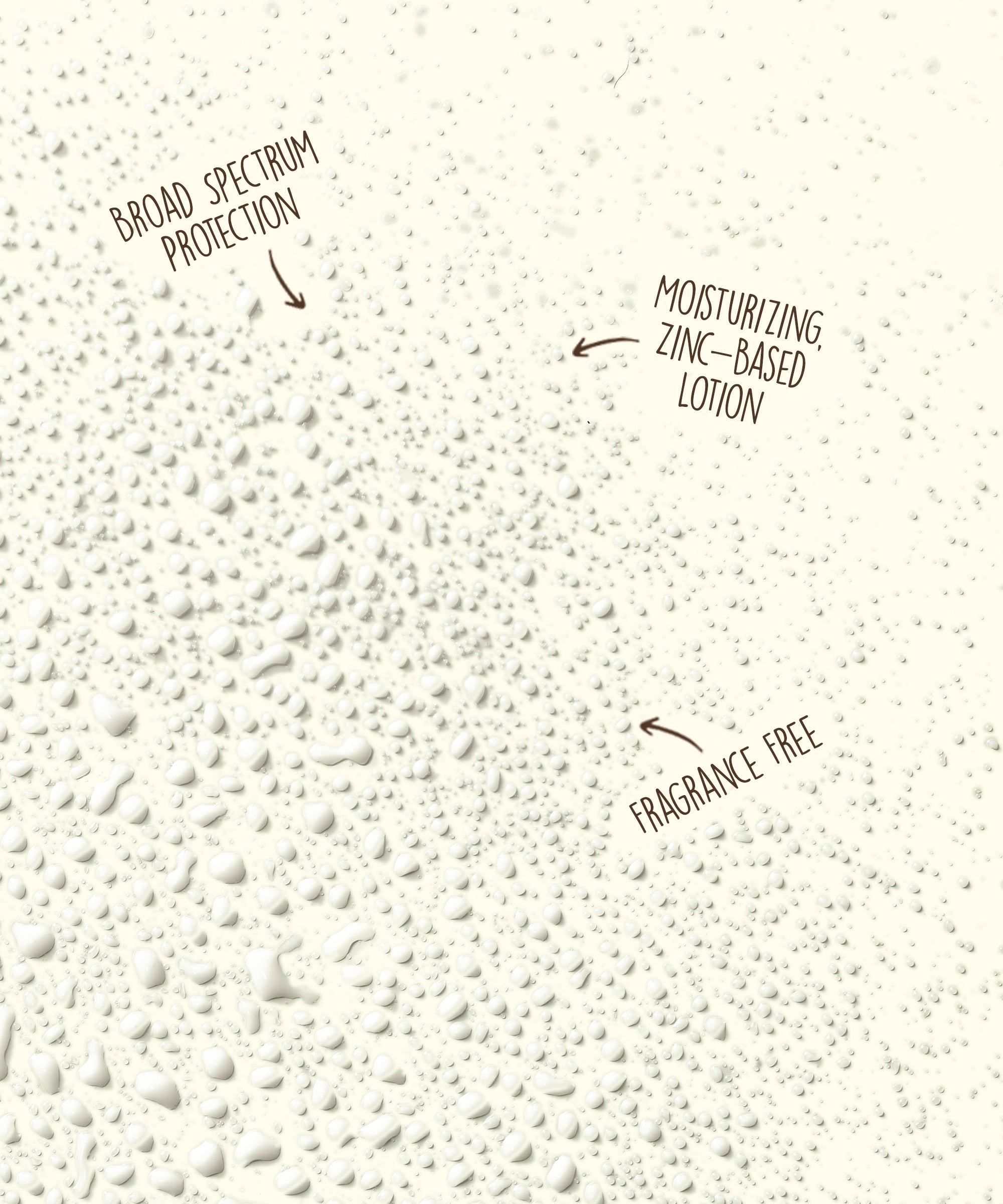 Textured surface with labeled features of a product, including 'broad spectrum protection', 'moisturizing zinc-based lotion', and 'fragrance free'.