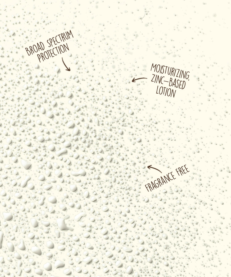 Textured surface with labeled features of a product, including 'broad spectrum protection', 'moisturizing zinc-based lotion', and 'fragrance free'.