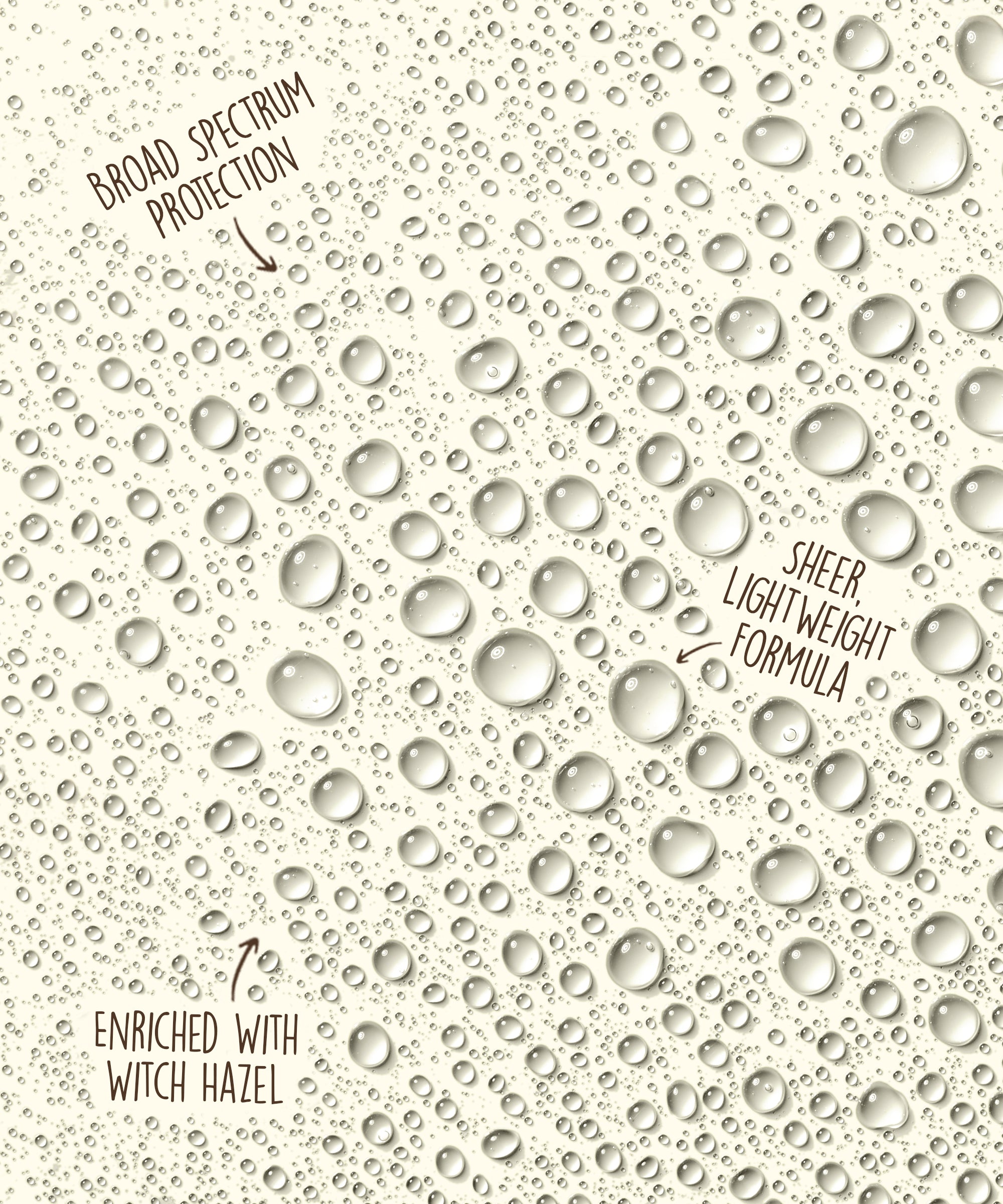 Textured background with water droplets and product features text.