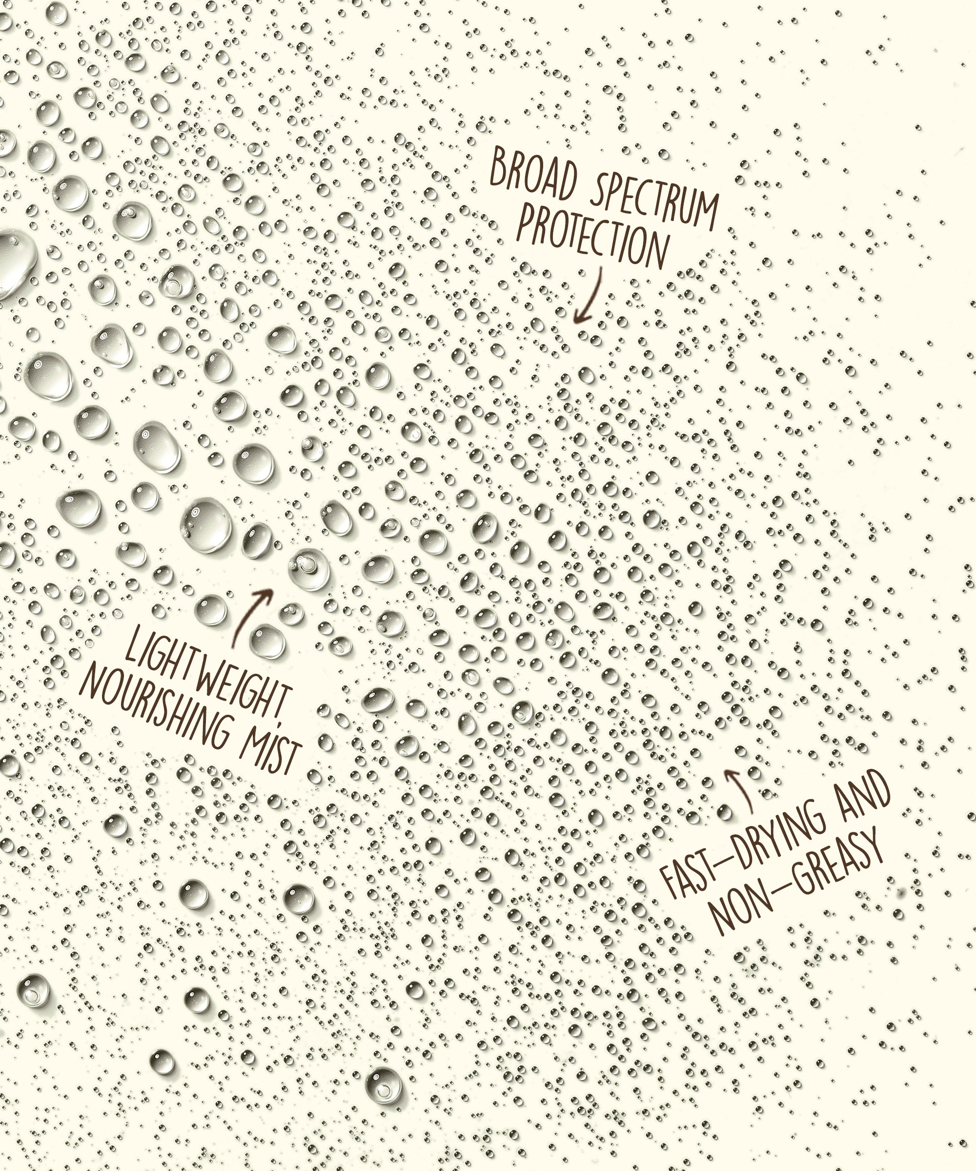 Textured background with water droplets and product features listed.