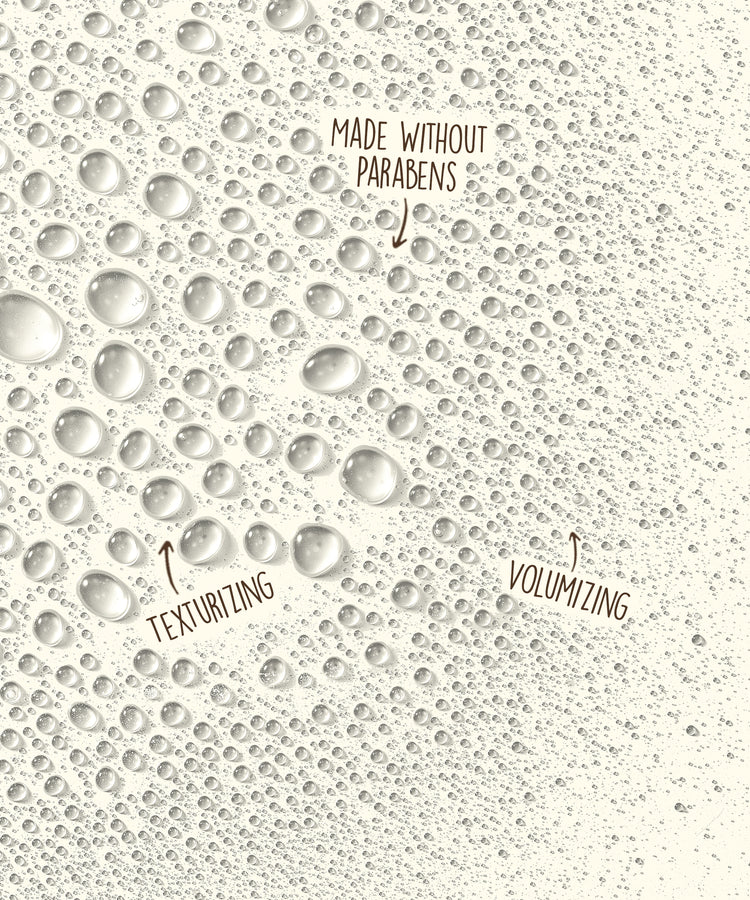 Bubbles with text indicating 'Made without parabens', 'Texturizing', and 'Volumizing' on a beige background.