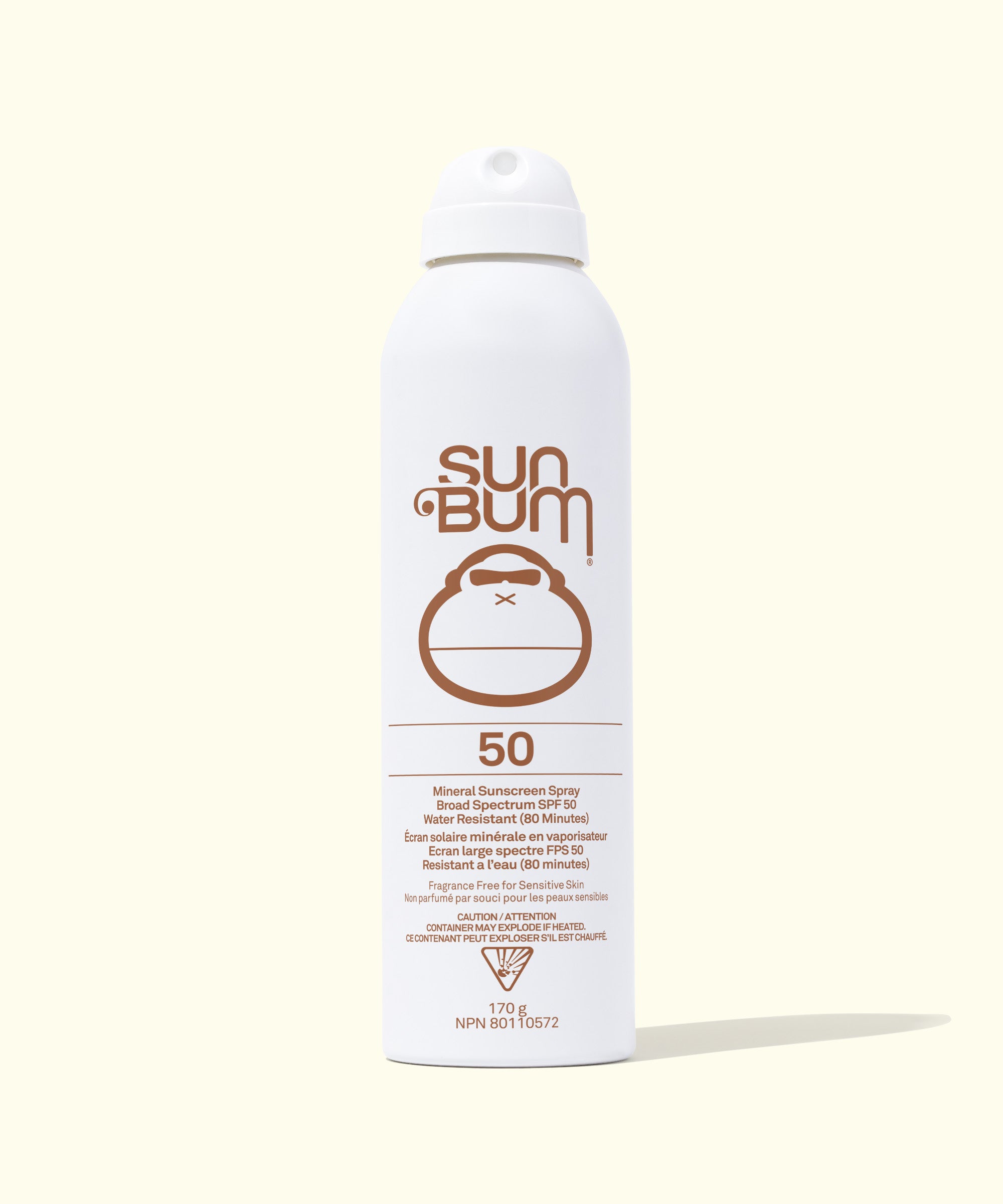 Sun Bum sunscreen spray bottle on a white background