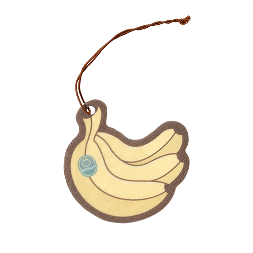Banana-shaped air freshener with a brown string on a white background