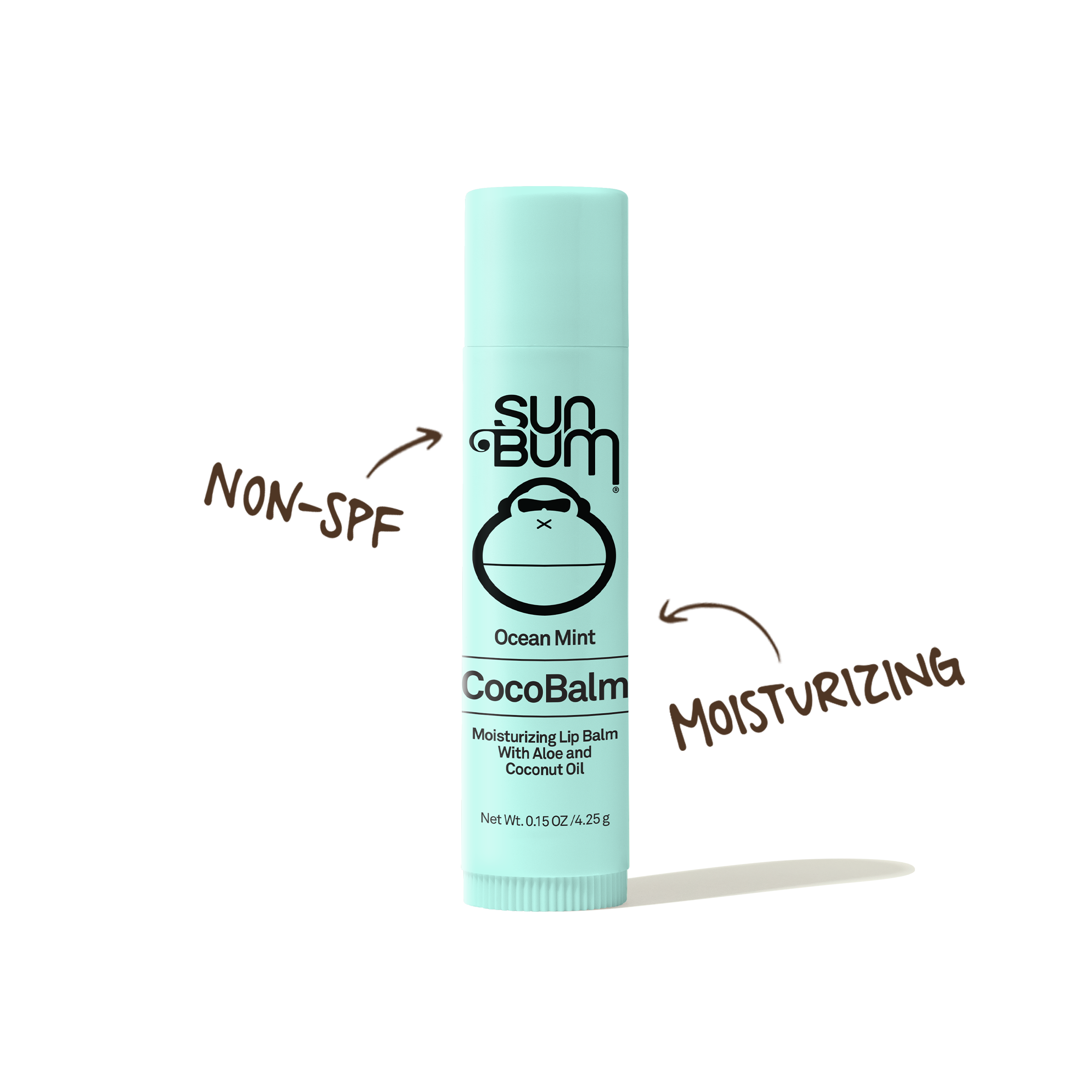 Sun Bum CocoBalm lip balm tube with text indicating 'Non-SPF' and 'Moisturizing' on a white background